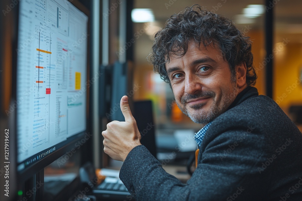 Poster happy man showing thumbs up at computer screen with data charts
