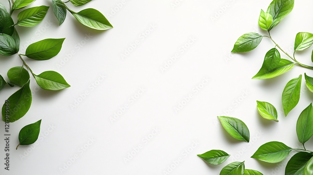 Poster green leaves bordering white background creating negative space