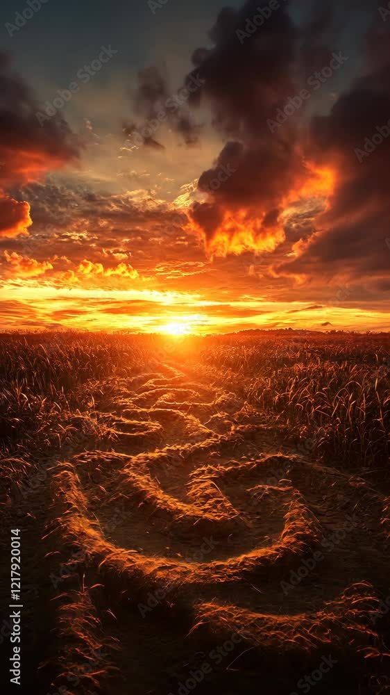 Poster sunset over a wheat field with dramatic clouds and winding path in the countryside