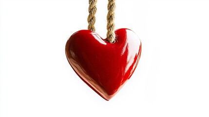 Valentines Day heart card suspended by a rope set against a pure white background adding a romantic flair