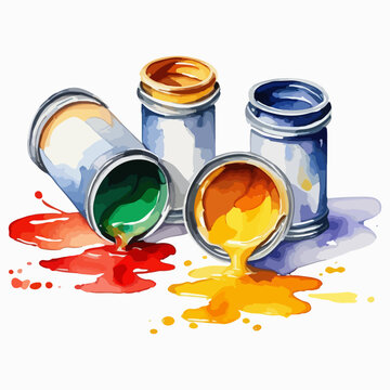 Watercolor illustration of a open paint jars spilling vibrant colors isolated on white background. Vector artistic and creative design element