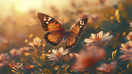 Butterfly on flowers. Butterfly, flowers, glare, sun blurred, background, close, up. Close up of a blurred background up. Close up of a butterfly with a glare of the sun and lifestyle background.