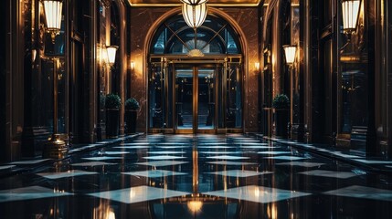 Luxurious hotel entrance at night with reflective floor.