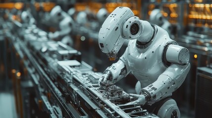 Fototapeta premium Robotic arm in factory, close-up of robotic arm assembling parts, industrial setting