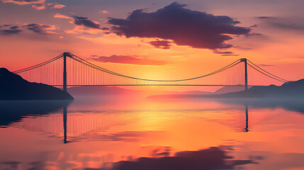 Fototapeta premium Suspension bridge reflecting on calm water at sunset. Twilight Bridge. Illustration