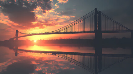 Obraz premium Suspension bridge reflecting on calm water at sunset. Twilight Bridge. Illustration