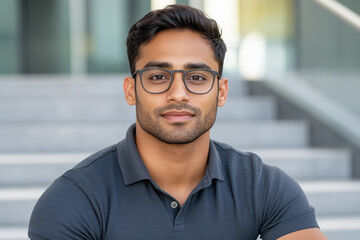 A 26-year-old man of south asian ethnicity with glasses, a trimmed beard, and dark hair, seated on steps in a modern outdoor