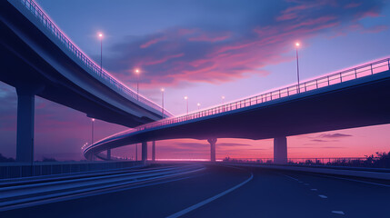 Twilight long exposure photograph of modern bridge with streaked clouds in serene palette, twilight. Twilight Bridge. Illustration