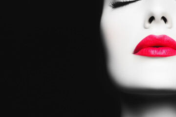 Naklejka premium A young caucasian woman with pale skin and bold red lips, her eyes closed, set against a black background