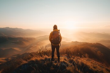 Fototapeta premium The traveler stands at a viewpoint, their silhouette framed against the expansive vista