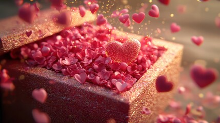 Romantic Heart Gift Box with Red Hearts and Glittering Background