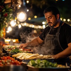 Street Food Chef Crafting Delicious Tacos at Outdoor Market Authentic Mexican street food photography Culinary artisans at outdoor markets Vibrant urban food scenes and culture