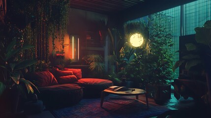 Neon Jungle Living Room: A Lush, Atmospheric Interior Design