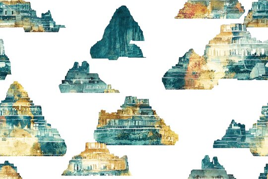 Art deco-inspired travel collage seamless pattern, stylized posters of Paris landmarks on white background