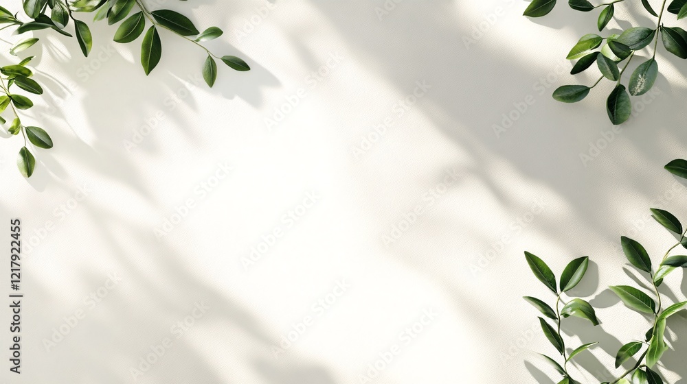 Poster green leaves branches with shadows on beige neutral background creating copy space