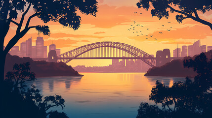 Obraz premium A bridge spans a river in the city of sydney. Twilight Bridge. Illustration