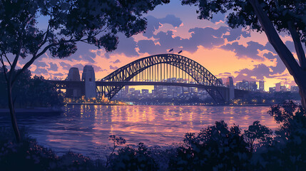 Naklejka premium A bridge spans a river in the city of sydney. Twilight Bridge. Illustration