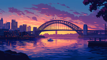 Obraz premium A bridge spans a river in the city of sydney. Twilight Bridge. Illustration