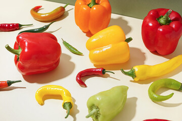 Different fresh peppers on colorful background