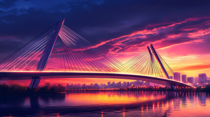 Obraz premium A modern cable-stayed bridge with a dramatic archway illuminated at sunset, with a cityscape and river in the background. Twilight Bridge. Illustration