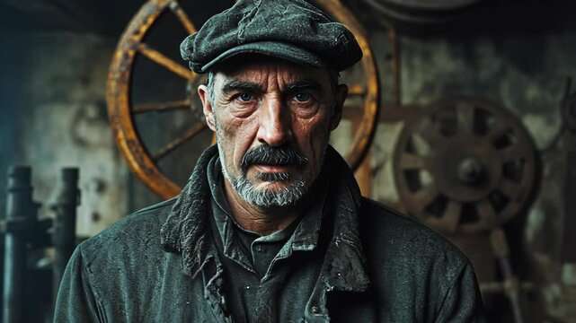 Portrait of a rugged man in industrial setting, capturing the essence of hard work and resilience in a vintage workshop