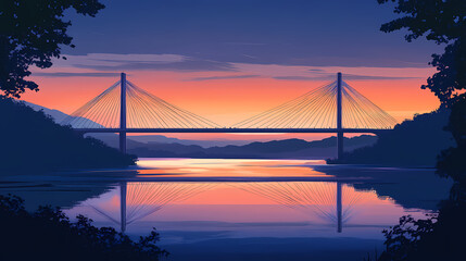 Obraz premium A scenic view of a cable-stayed bridge at dusk over a calm river. Twilight Bridge. Illustration