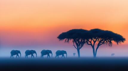   A herd of elephants standing beside a tree in a hazy meadow with a soft pink sky overhead