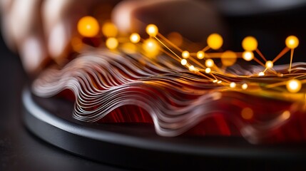 Wavy data network, hand interaction, dark background, tech concept