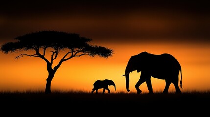 Fototapeta premium A large elephant and small silhouette against an orange sky, with a tree in the foreground