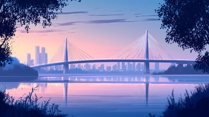 Fototapeta premium A scenic view of a cable-stayed bridge at dusk over a calm river. Twilight Bridge. Illustration