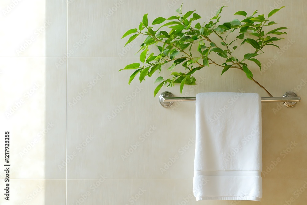 Wall mural Elegant Bathroom Decor with Fresh Plant and White Towel