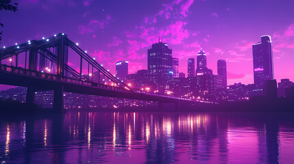 Naklejka premium Animated cityscape of illuminated bridge at dusk over river with skyline in background and scenic purple-hued sky. Twilight Bridge. Illustration