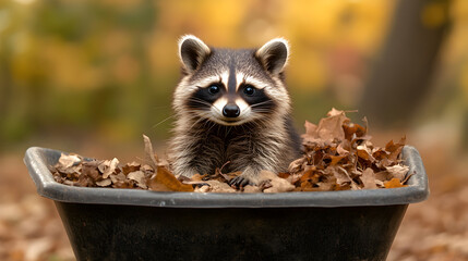 A raccoon sitting in a wheelbarrow full of leaves, looking curiously at the camera.


