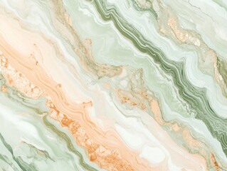 Abstract flowing marble texture background with green peach and golden veins for various uses