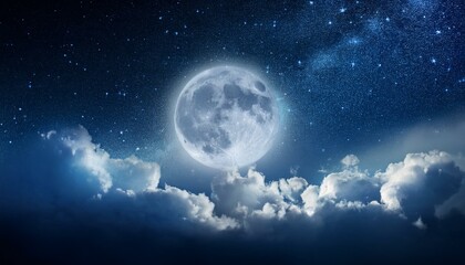 Naklejka premium Mystical Night sky background with full moon, clouds and stars. Generated image