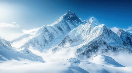 Snow-covered mountains, close-up of icy peaks and bright blue sky, soft winter light