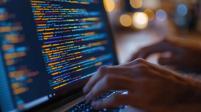 Software development code, close-up of lines of code on a monitor, focused hands typing