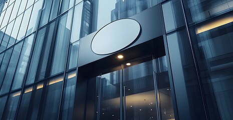 Modern glass building entrance with a blank sign, showcasing urban architecture and reflections
