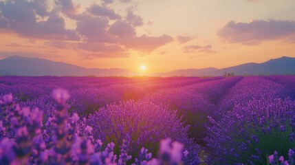 Sunset over purple lavender field, mountains