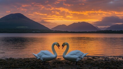 Fototapeta premium Two Swans Embrace at Sunset Mountain Lake
