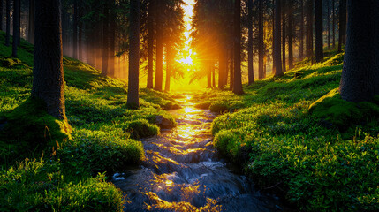Obraz premium Forest Stream at Sunrise: A Serene Landscape Photography