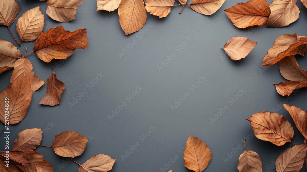 Poster Autumnal frame of dried leaves creating negative space on gray background