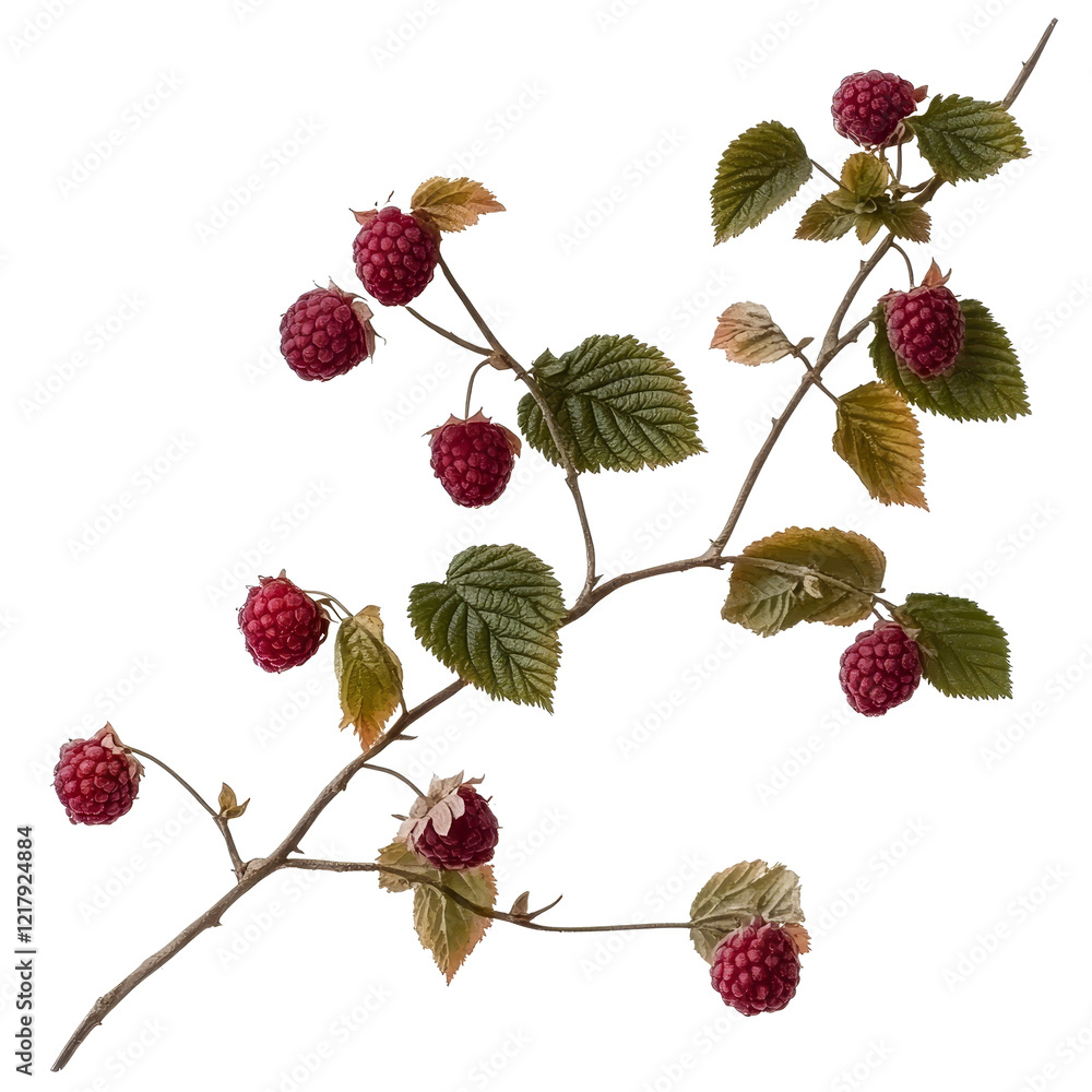 Poster fresh raspberry branch with ripe berries and green leaves set against a clean transparent background