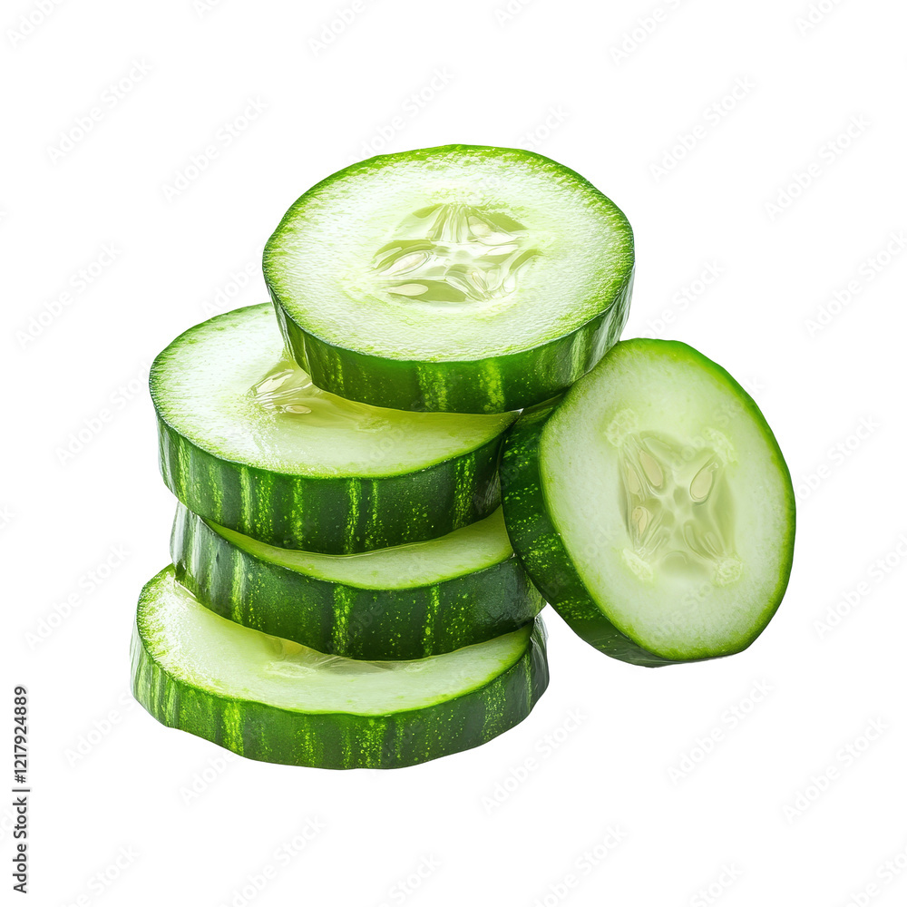Poster freshly sliced cucumber rounds stacked on a transparent background ready for culinary use or garnish