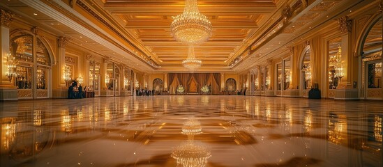 Opulent and Exquisite Ballroom in Magnificent Historic Palace with Lavish Gilded Decor and Ornate Architectural Details  This grand and majestic interior space features a stunning chandelier