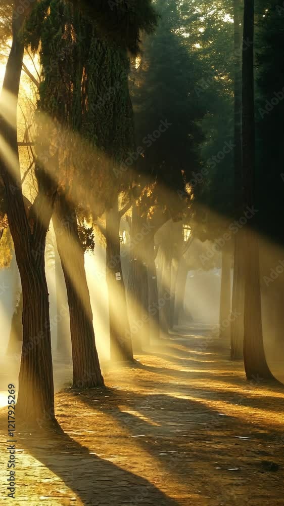 Poster sunlight filters through trees in a serene park at dawn, casting beautiful shadows on the pathway