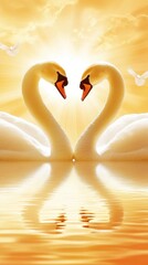 Two Swans Forming Heart Shape At Sunset