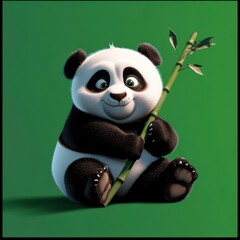 Fototapeta premium Panda Embracing Bamboo, vibrant cartoon panda clutching bamboo against a soft green backdrop, colorful and engaging design