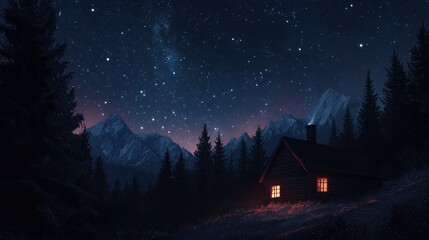 Fototapeta premium A serene night scene featuring a cozy cabin nestled among mountains under a starry sky.