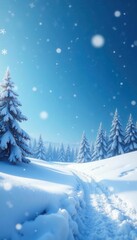 Naklejka premium Frozen landscape with snowflakes falling gently in blue winter sky, peaceful, serene